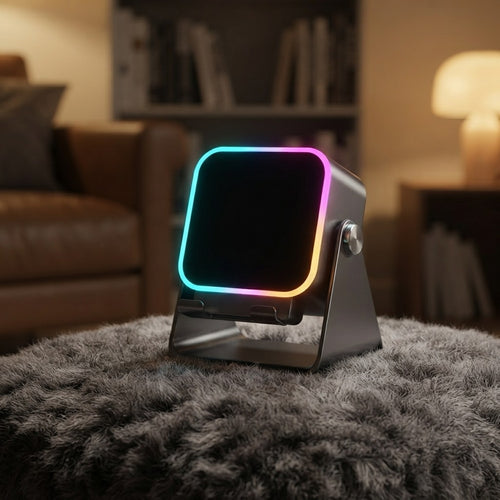 Elm & Ohm wireless phone speaker stand holding a smartphone upright on a desk